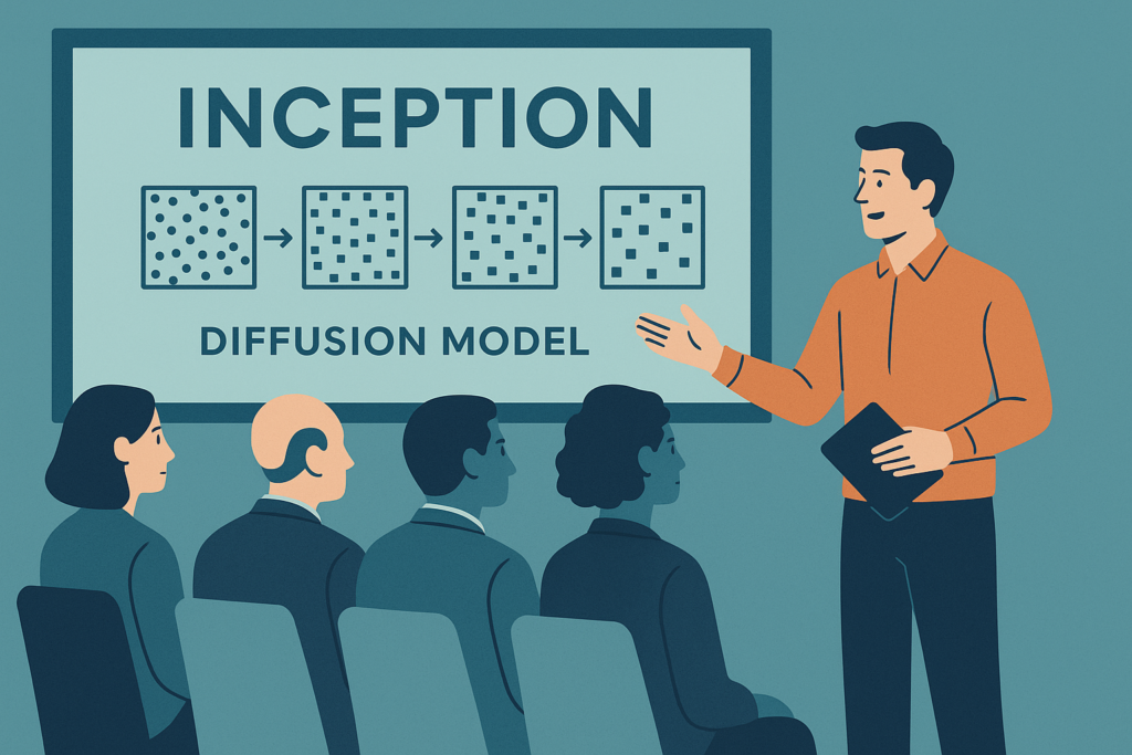 Investors and researchers discussing diffusion models at a tech conference.