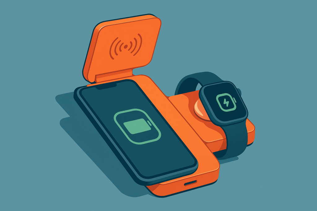 Kuxiu K1 Ultra power bank in cosmic orange, charging a smartphone and Apple Watch.
