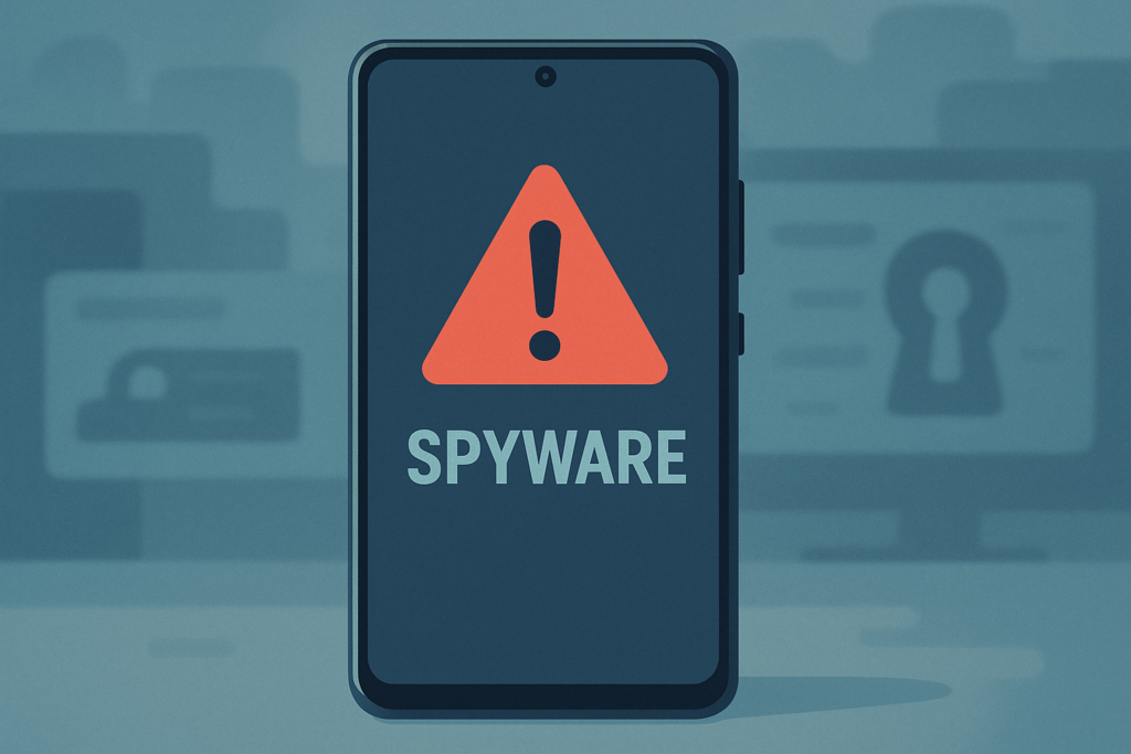 Samsung Galaxy phone showing spyware warning message.