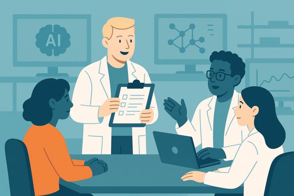 Researchers in a lab discussing AI evaluation projects with computers.