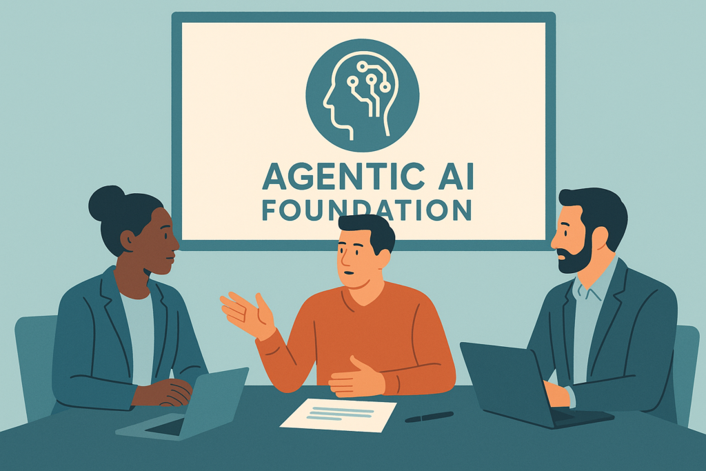 Representatives from OpenAI, Anthropic, and Block discussing AI standards in a meeting room.