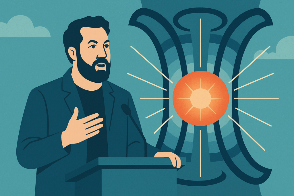 Chris Sacca speaking at a climate tech summit with nuclear fusion imagery in the background.