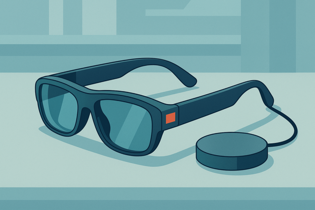 Futuristic mixed reality glasses with a puck-like power source.