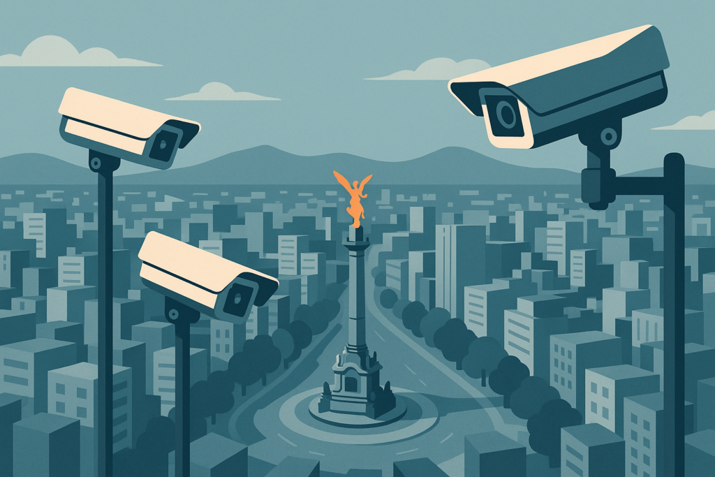 Aerial view of Mexico City with surveillance cameras on poles.