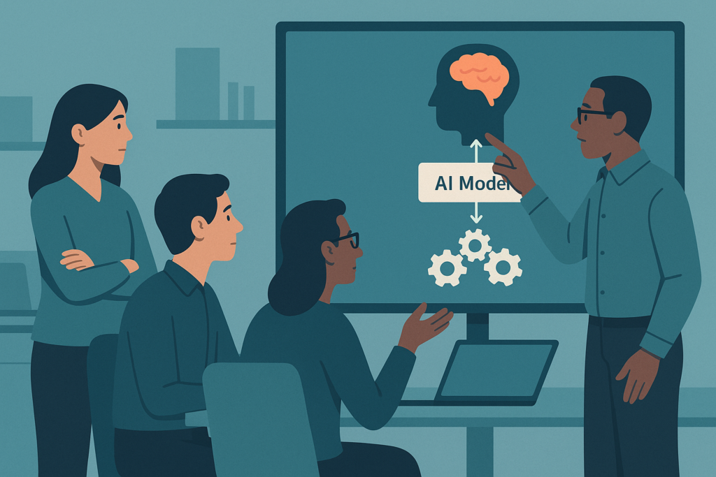 Engineers at Microsoft discussing AI models in a tech lab.