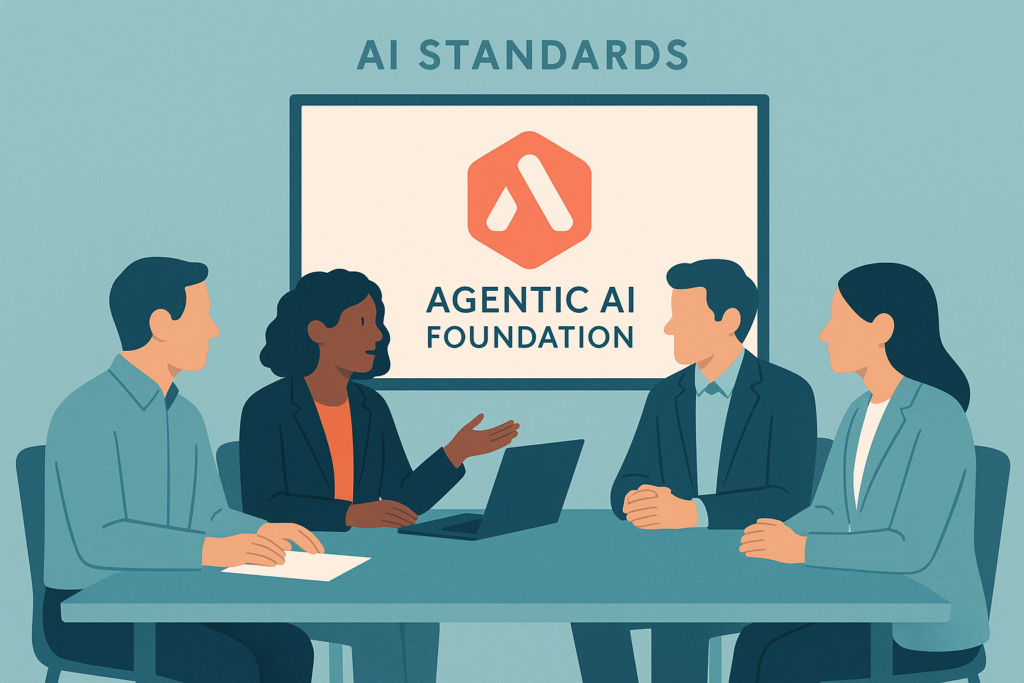 Representatives from OpenAI, Anthropic, and Block in a meeting room discussing AI standards.
