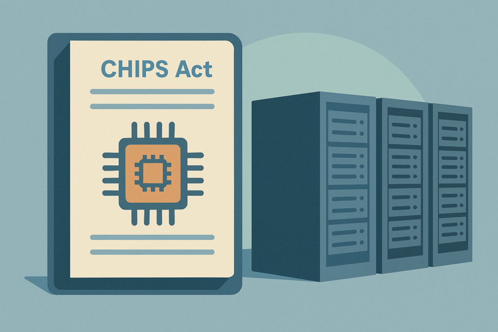 A government document labeled Chips Act beside a data center model.