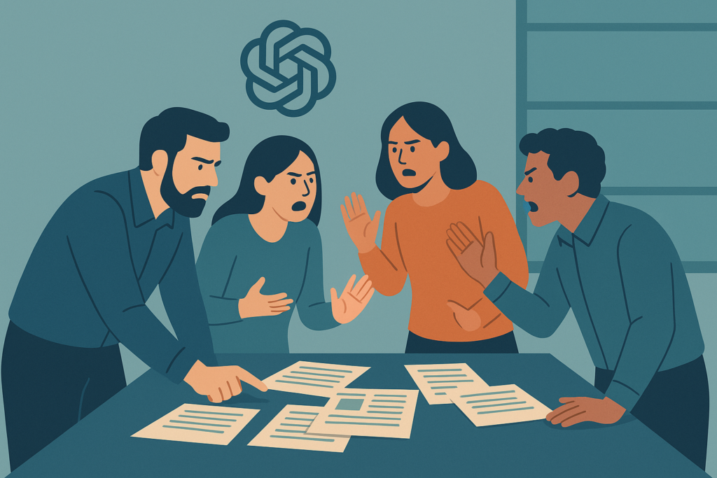 OpenAI office discussion with employees debating over research papers.