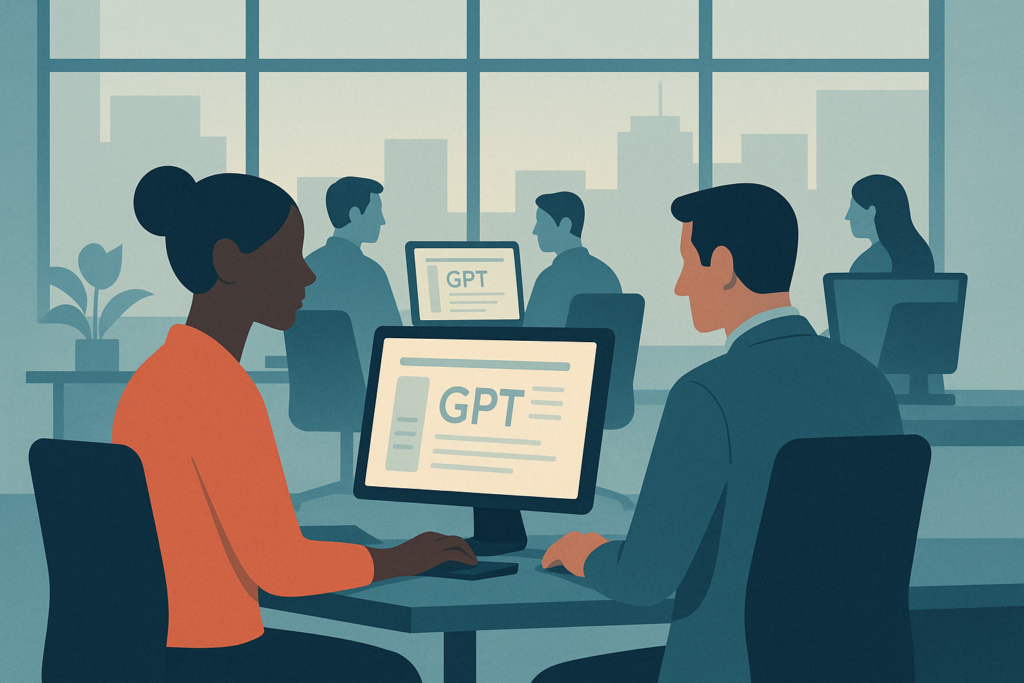 Employees at a digital bank using custom GPT interfaces on their computers.