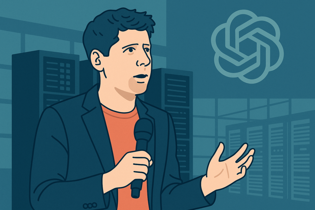 Sam Altman at a tech conference with OpenAI logo and data center images.