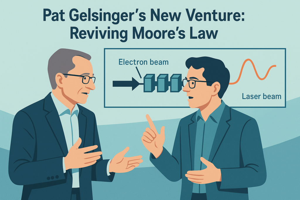 Pat Gelsinger and Nicholas Kelez at a tech event with a free electron laser diagram.