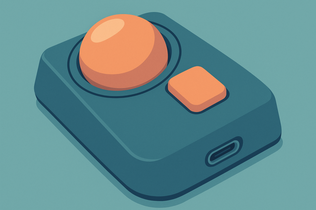Close-up of Ploopy Nano 2 trackball with button and USB-C port.