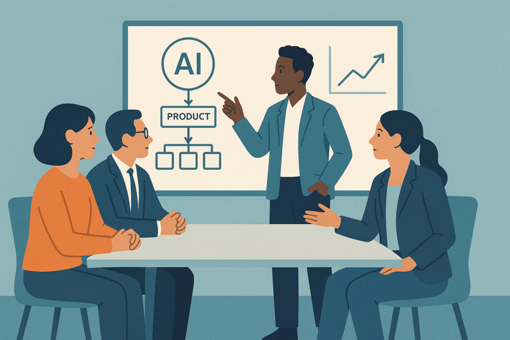Executives in a meeting room discussing new startup strategies with a whiteboard.