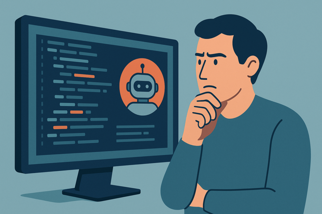 Human engineer reviewing AI-generated code on a computer screen.