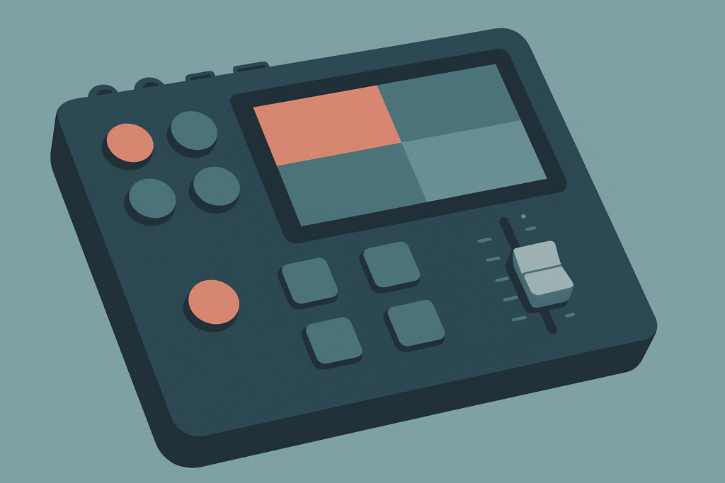 Rodecaster Video S console with buttons, touchscreen, and ports visible.