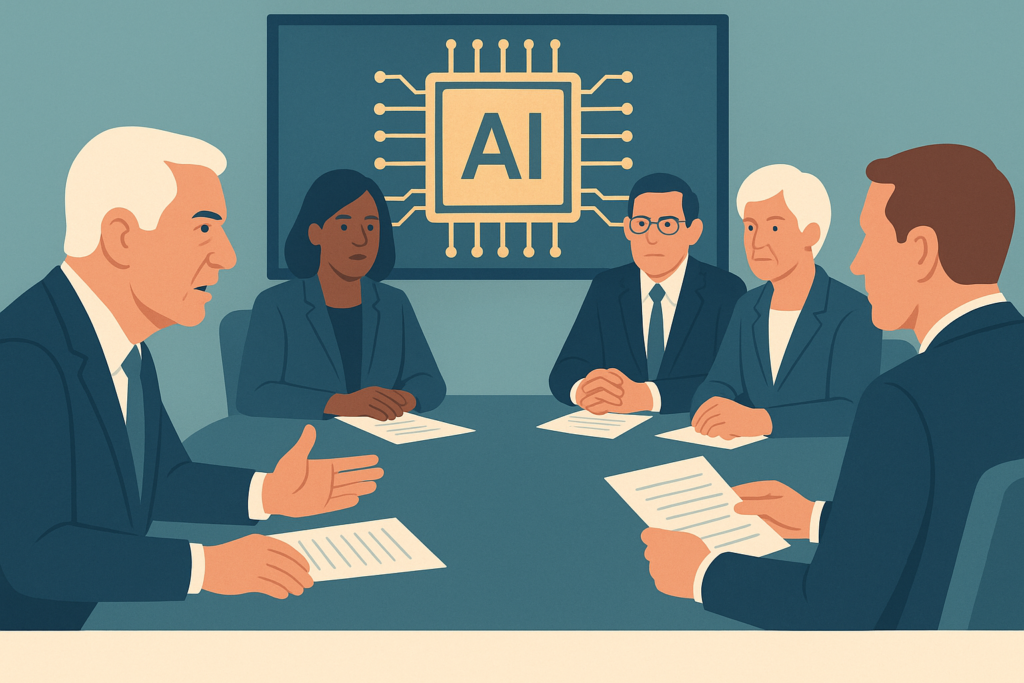 US senators in a meeting discussing AI technology policies with documents and a screen showing AI chip graphics.