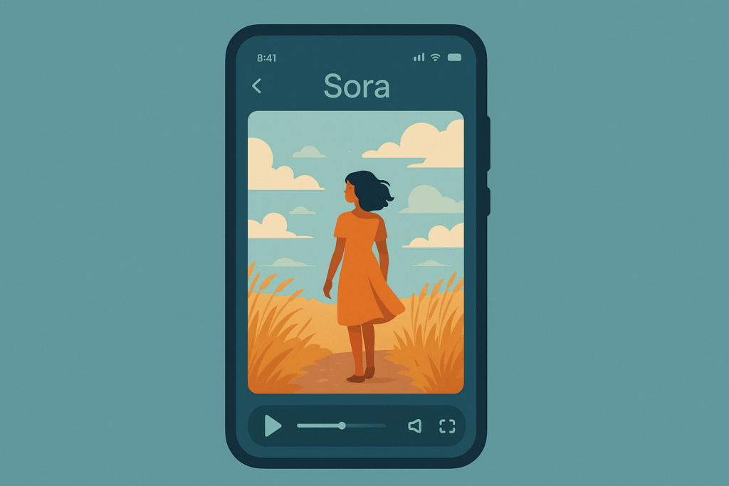 Smartphone showing Sora app interface with AI-generated videos.