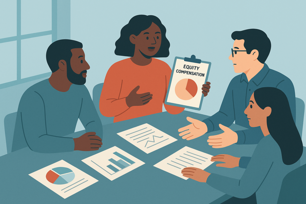 Startup team discussing equity compensation plans with charts and documents.