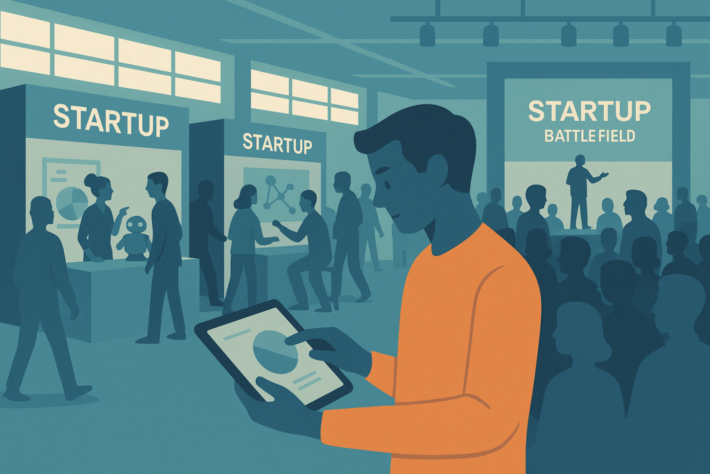 Expo hall at TechCrunch Disrupt 2025 with startup booths and attendees.