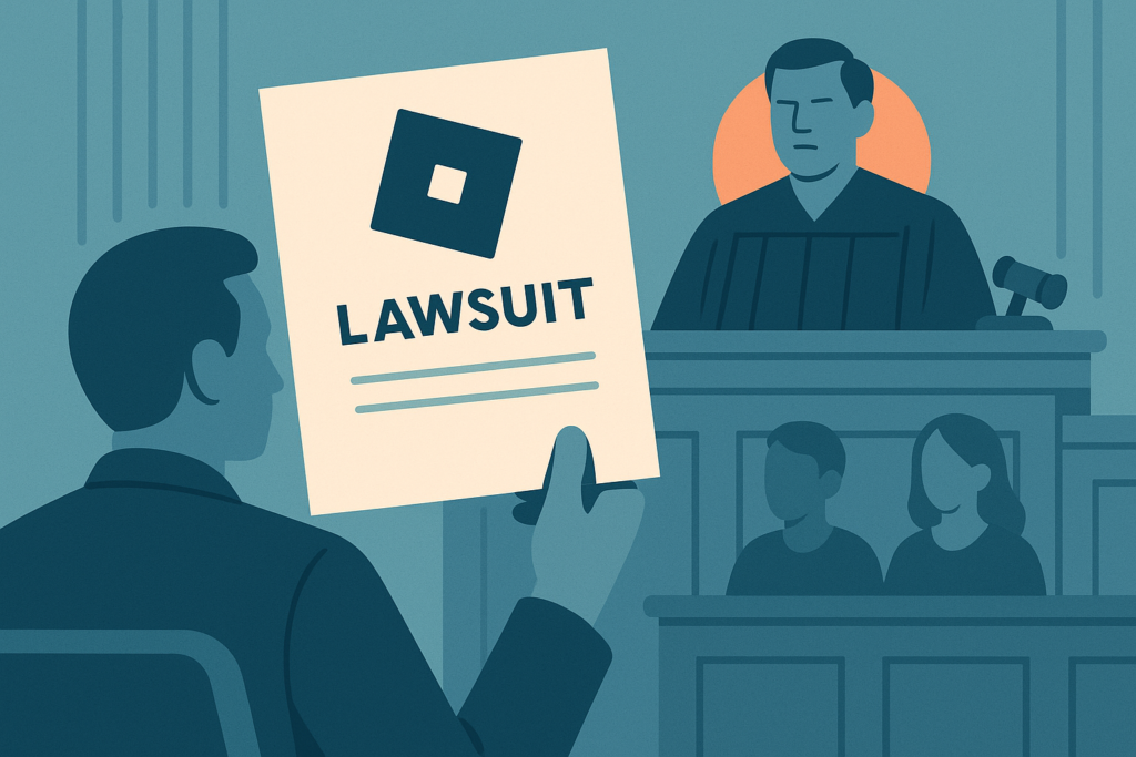 Courtroom scene with legal document displaying Roblox logo, representing the lawsuit.