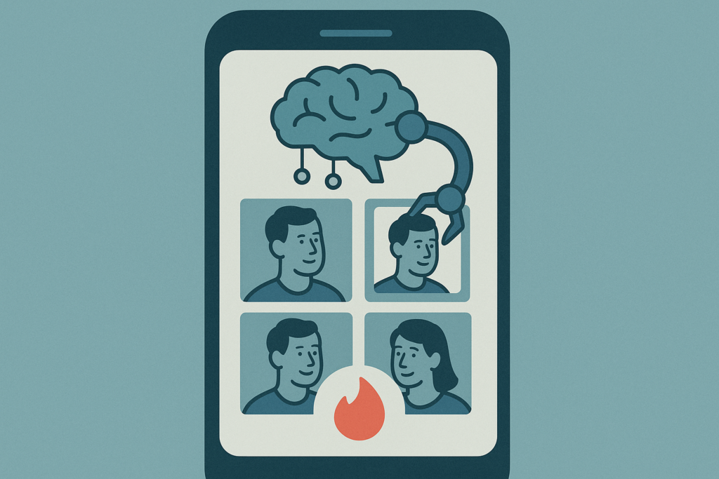 Smartphone showing Tinder app analyzing photo gallery with AI.
