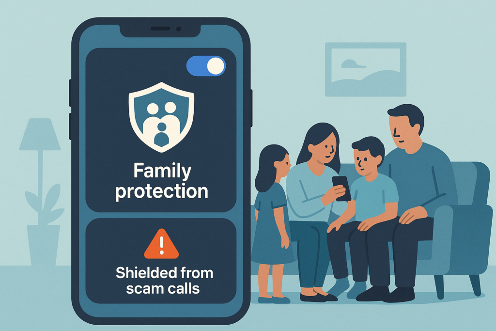 Smartphone with Truecaller's Family Protection feature in a family setting.