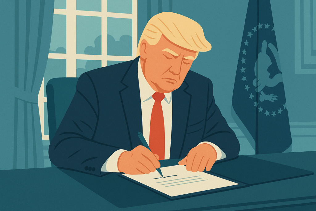 President Trump signing an executive order at the White House desk.