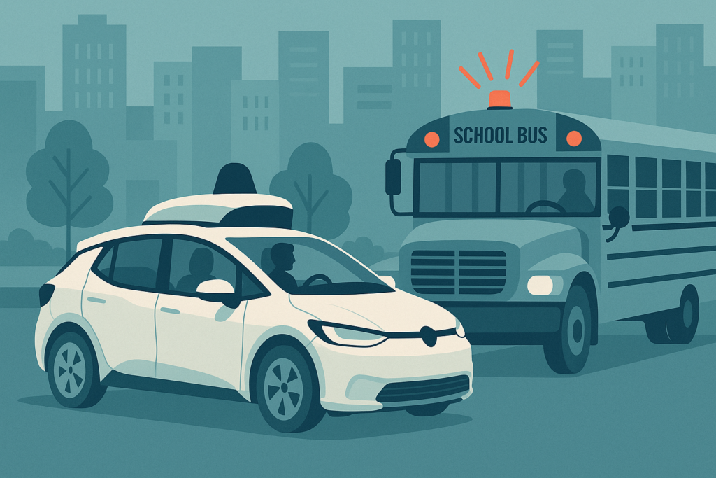 Waymo robotaxi driving near a school bus with flashing lights in a city.