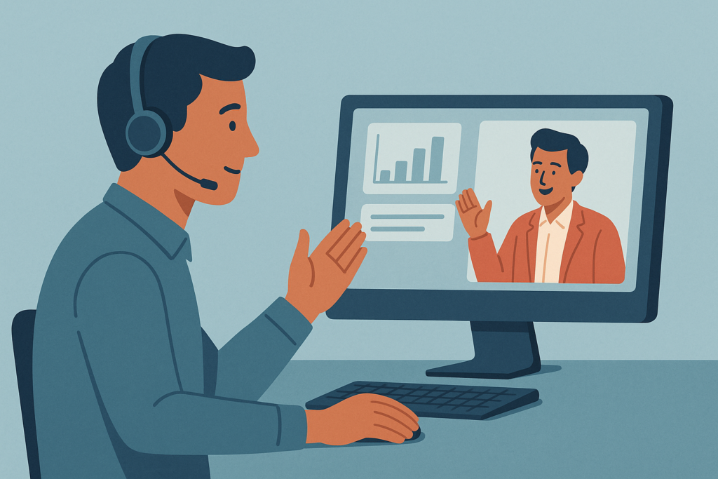 Screenshot of Yoodli's AI platform with a simulated sales call.